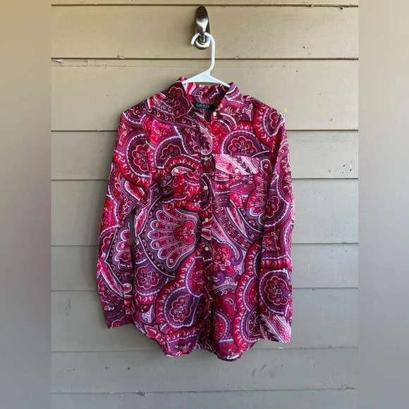 Lauren Ralph Lauren Button Down Shirt - Size XS - Paisley Silk Boho Preppy - Picture 1 of 7